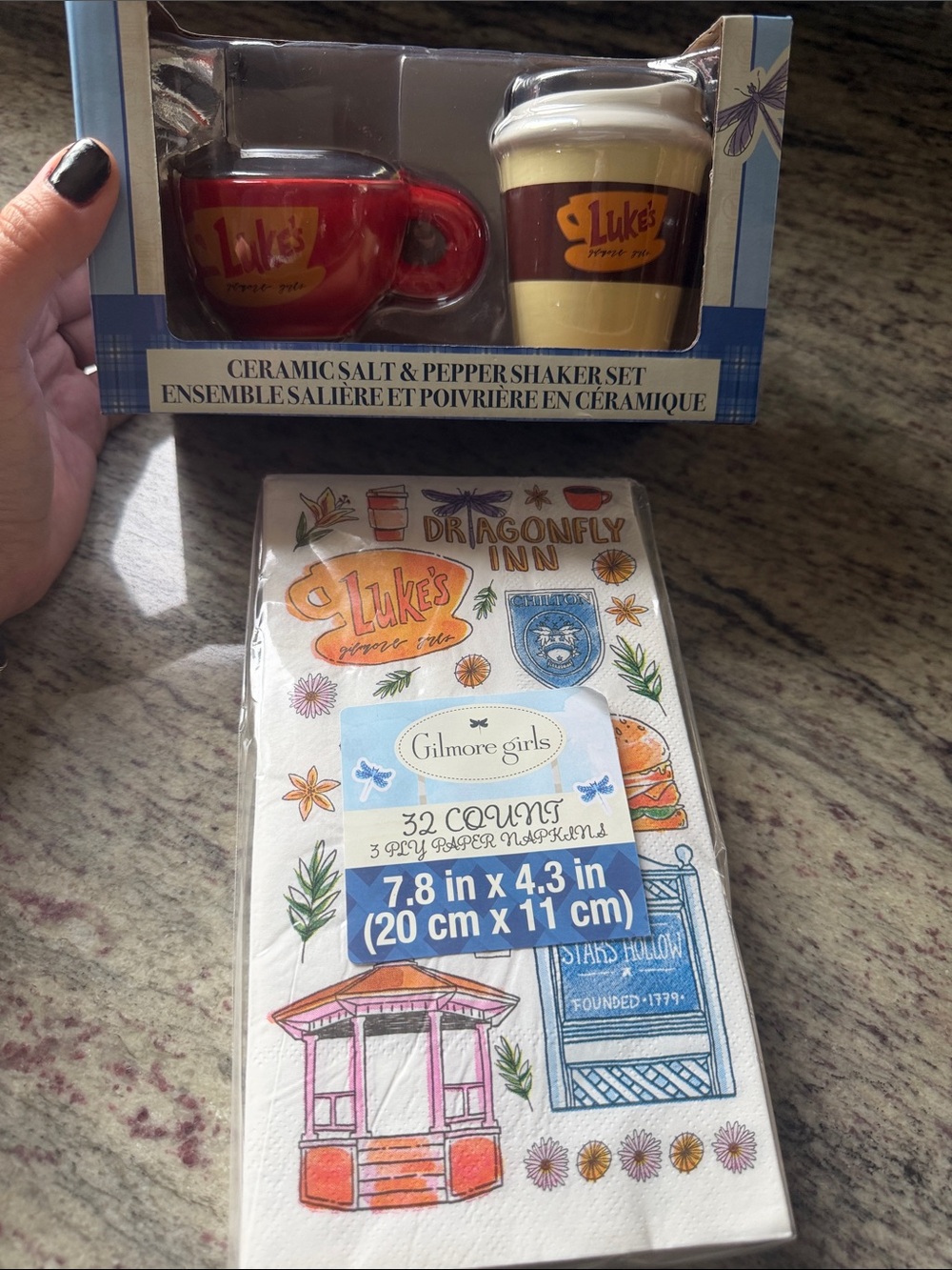 Luke's Coffee Ceramic Salt & Pepper Shaker Set and Gilmore Girls Napkins